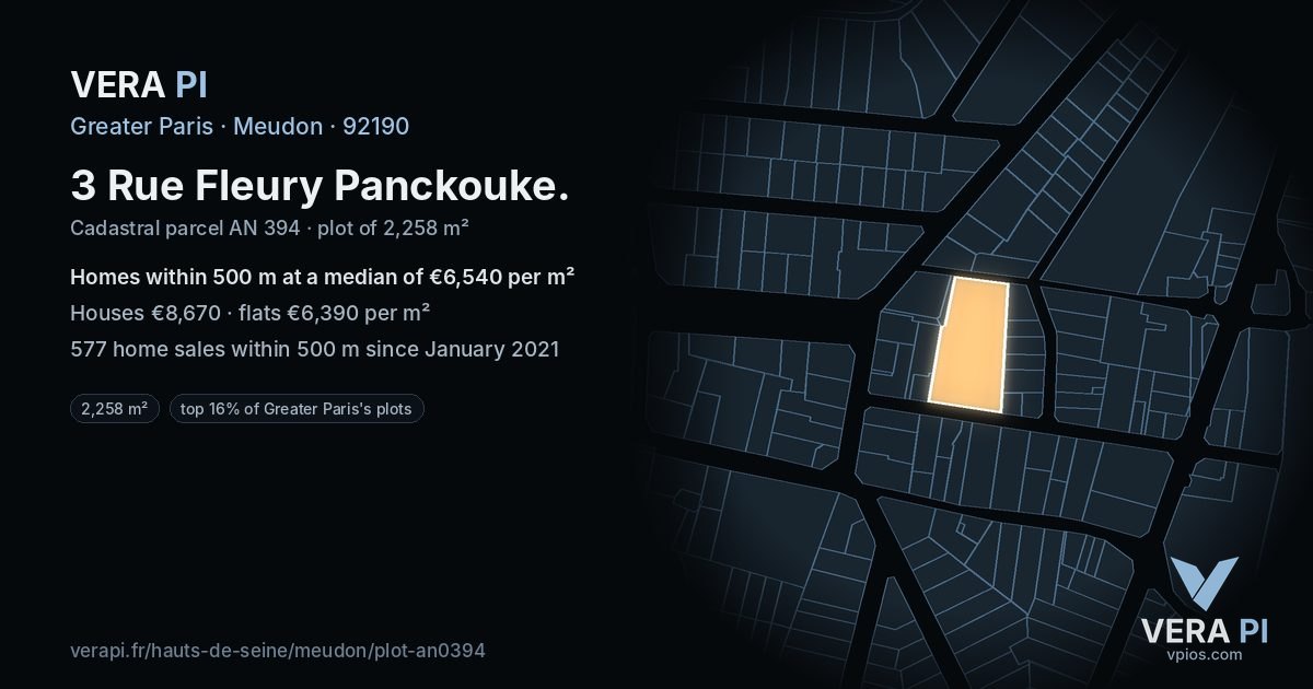 3 Rue Fleury Panckouke, Meudon at night – the plot lit, the parcels around coloured by the prices near them