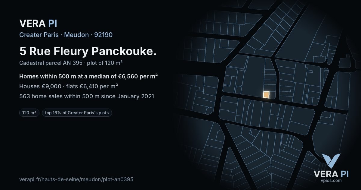 5 Rue Fleury Panckouke, Meudon at night – the plot lit, the parcels around coloured by the prices near them