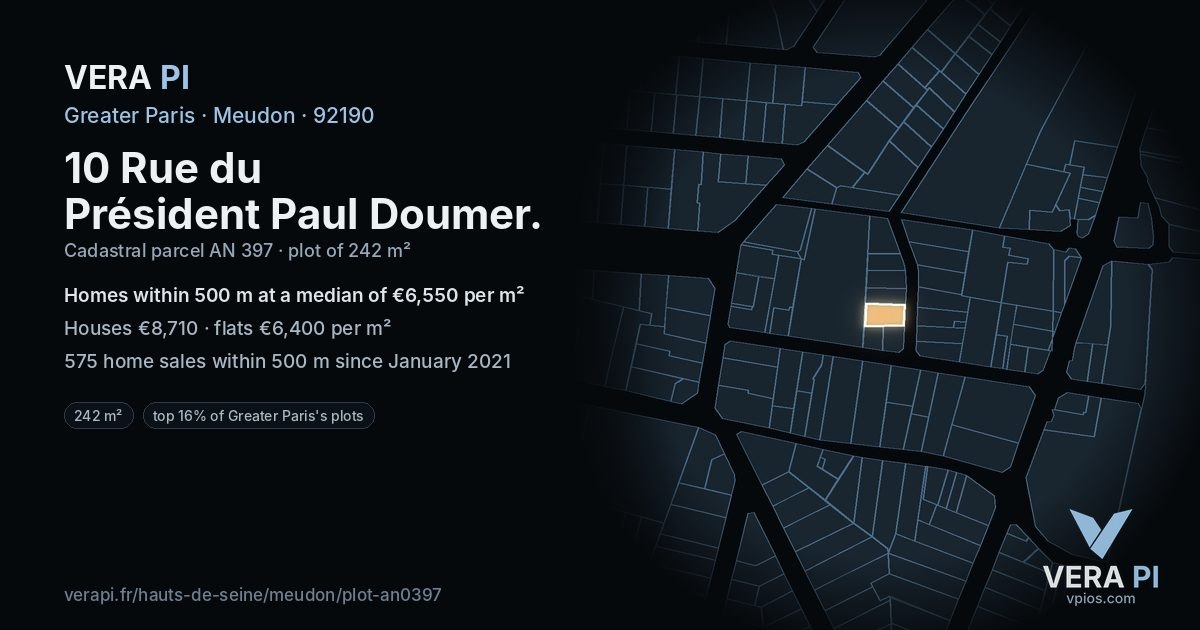 10 Rue du Président Paul Doumer, Meudon at night – the plot lit, the parcels around coloured by the prices near them