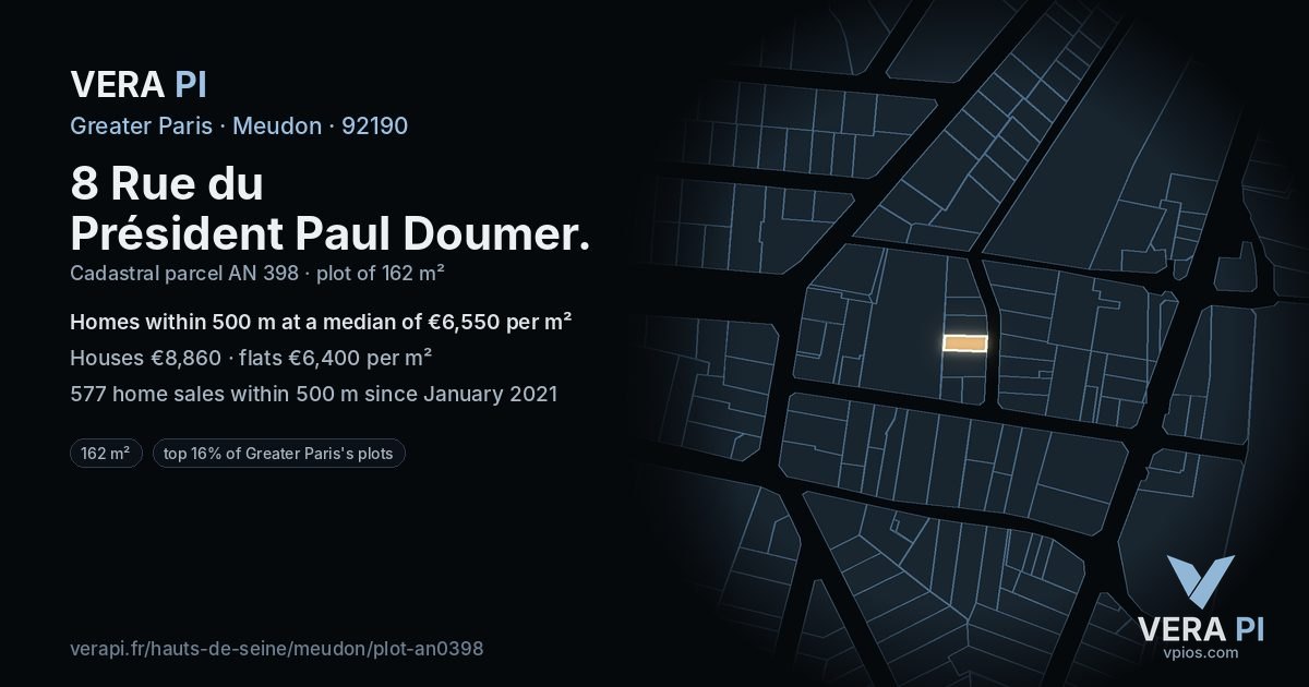 8 Rue du Président Paul Doumer, Meudon at night – the plot lit, the parcels around coloured by the prices near them