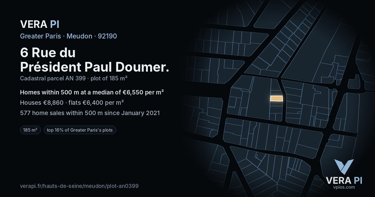 6 Rue du Président Paul Doumer, Meudon at night – the plot lit, the parcels around coloured by the prices near them