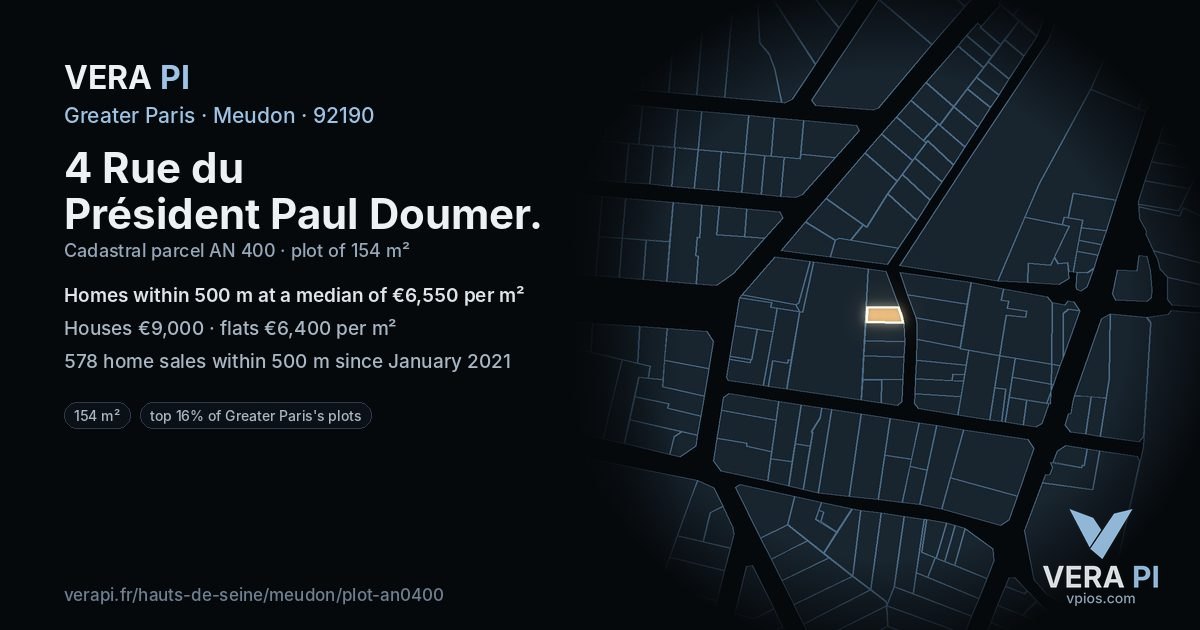 4 Rue du Président Paul Doumer, Meudon at night – the plot lit, the parcels around coloured by the prices near them