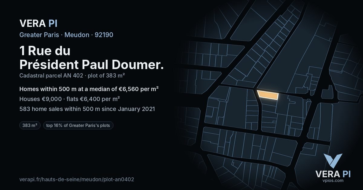 1 Rue du Président Paul Doumer, Meudon at night – the plot lit, the parcels around coloured by the prices near them