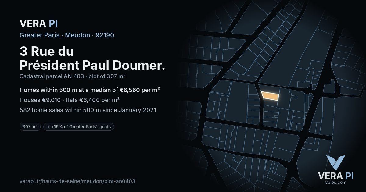 3 Rue du Président Paul Doumer, Meudon at night – the plot lit, the parcels around coloured by the prices near them