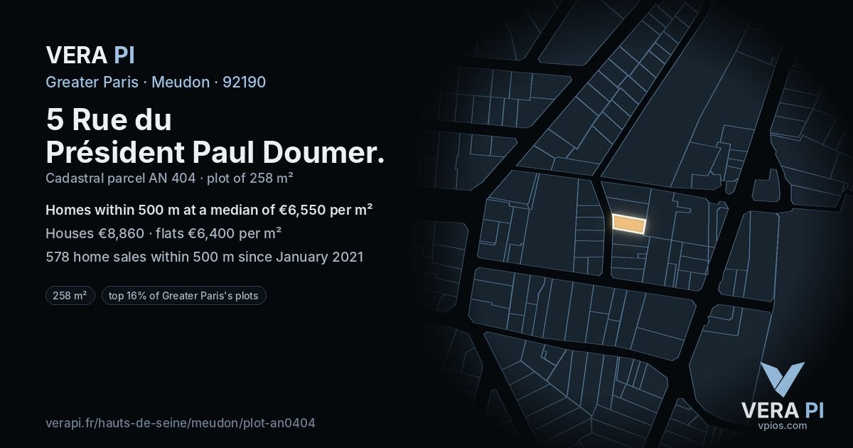 5 Rue du Président Paul Doumer, Meudon at night – the plot lit, the parcels around coloured by the prices near them