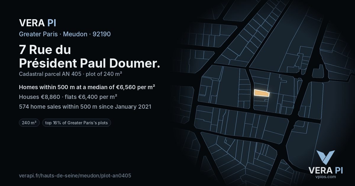 7 Rue du Président Paul Doumer, Meudon at night – the plot lit, the parcels around coloured by the prices near them