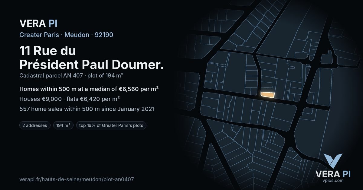 11 Rue du Président Paul Doumer, Meudon at night – the plot lit, the parcels around coloured by the prices near them