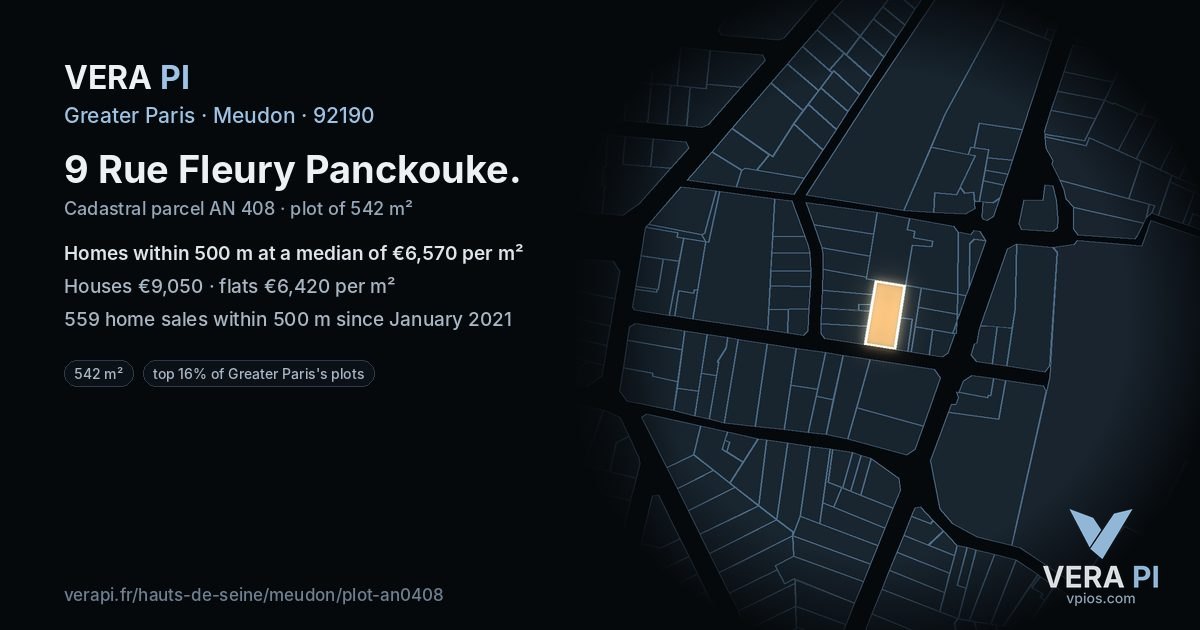 9 Rue Fleury Panckouke, Meudon at night – the plot lit, the parcels around coloured by the prices near them