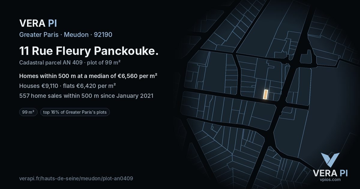 11 Rue Fleury Panckouke, Meudon at night – the plot lit, the parcels around coloured by the prices near them