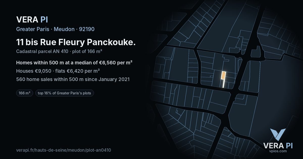 11 bis Rue Fleury Panckouke, Meudon at night – the plot lit, the parcels around coloured by the prices near them