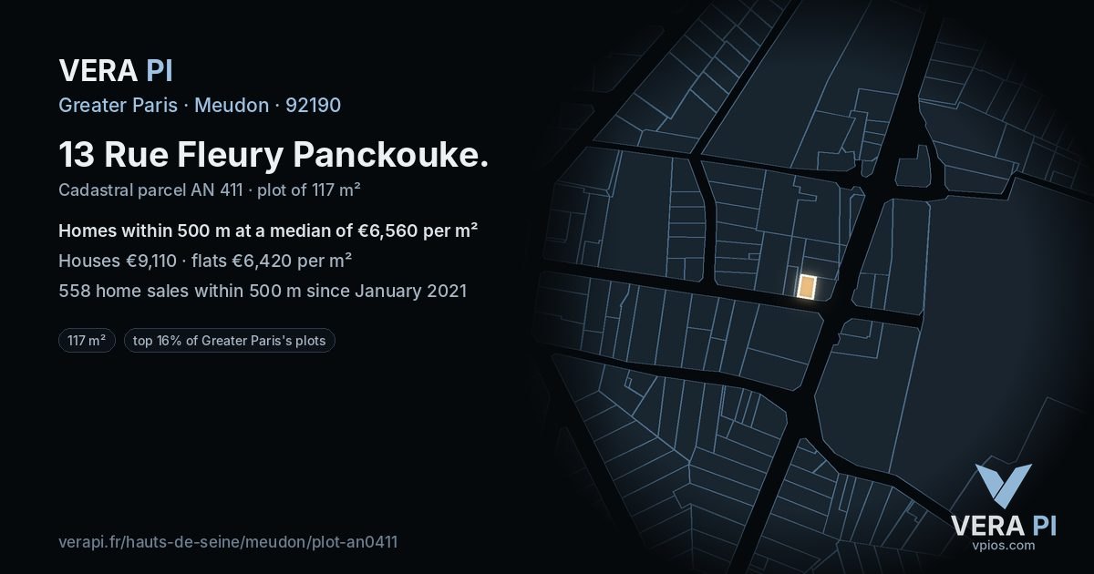 13 Rue Fleury Panckouke, Meudon at night – the plot lit, the parcels around coloured by the prices near them