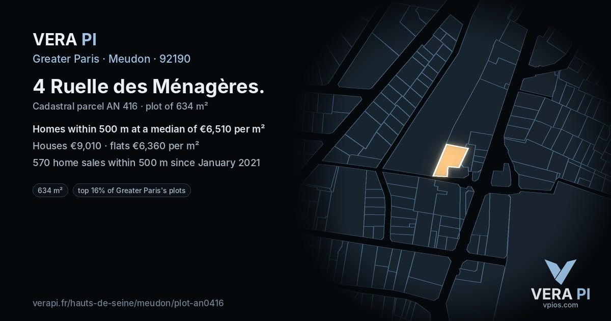 4 Ruelle des Ménagères, Meudon at night – the plot lit, the parcels around coloured by the prices near them