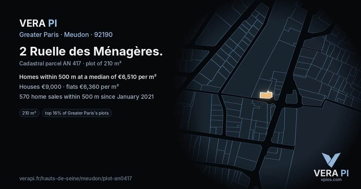 2 Ruelle des Ménagères, Meudon at night – the plot lit, the parcels around coloured by the prices near them