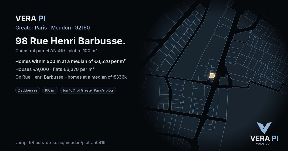 98 Rue Henri Barbusse, Meudon at night – the plot lit, the parcels around coloured by the prices near them