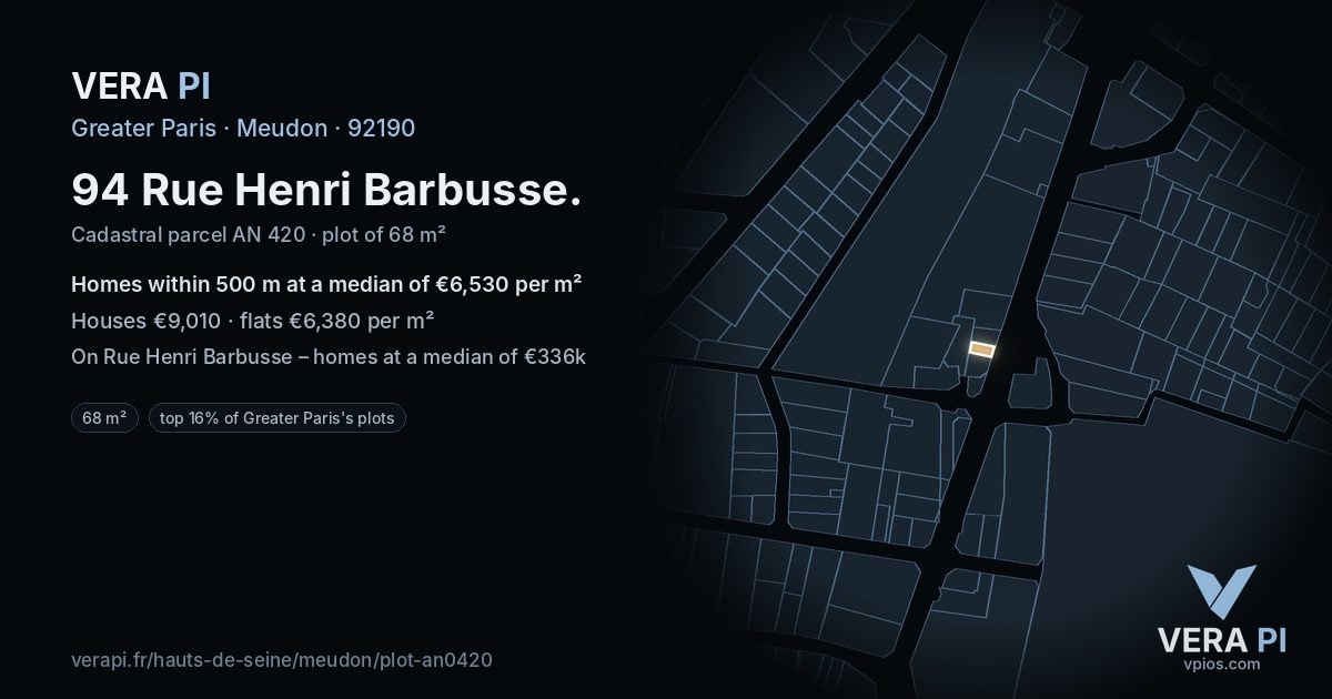 94 Rue Henri Barbusse, Meudon at night – the plot lit, the parcels around coloured by the prices near them
