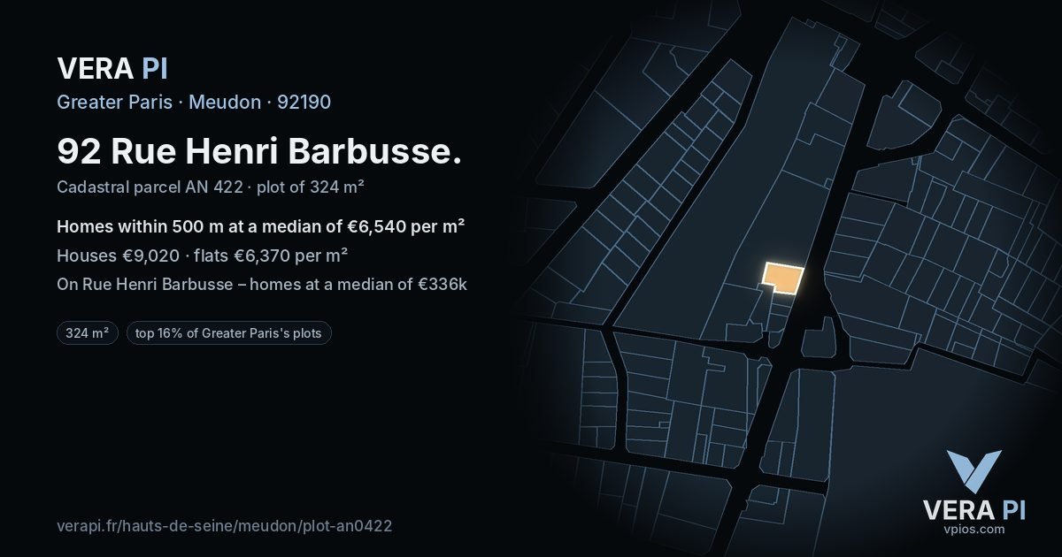 92 Rue Henri Barbusse, Meudon at night – the plot lit, the parcels around coloured by the prices near them