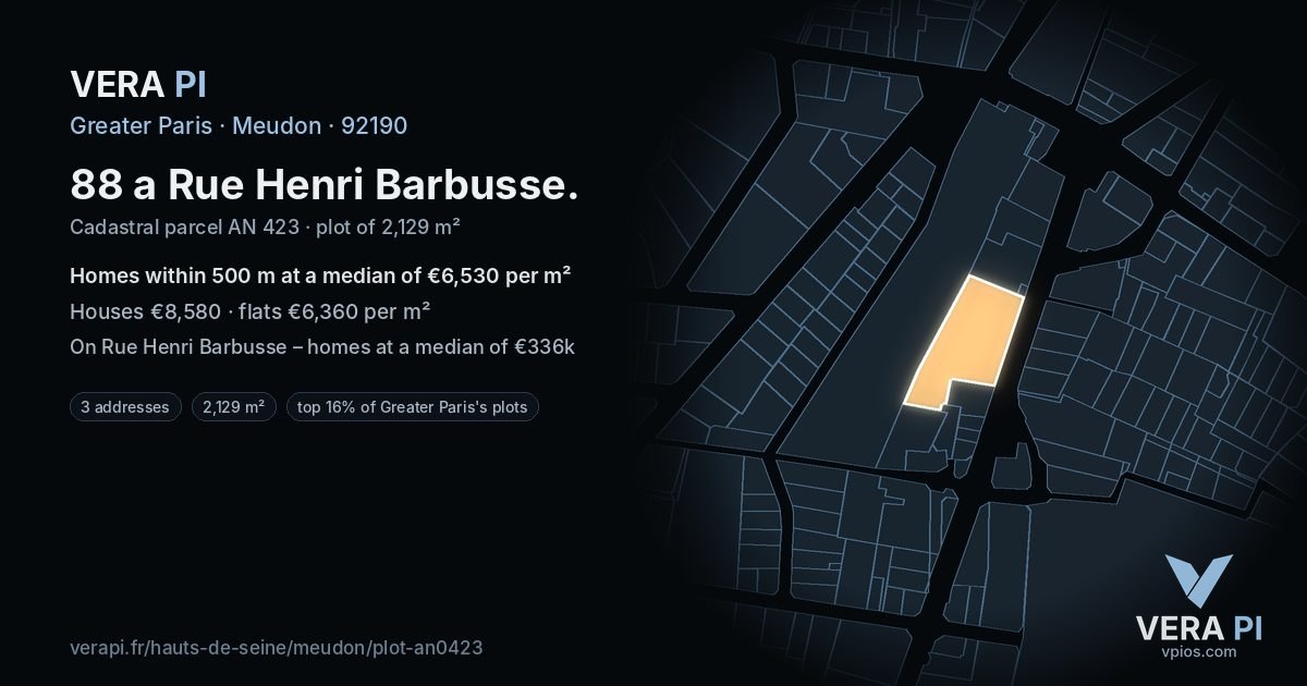 88 a Rue Henri Barbusse, Meudon at night – the plot lit, the parcels around coloured by the prices near them