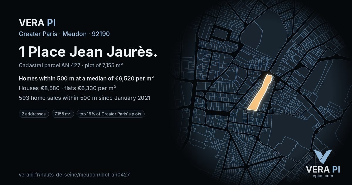 1 Place Jean Jaurès, Meudon at night – the plot lit, the parcels around coloured by the prices near them