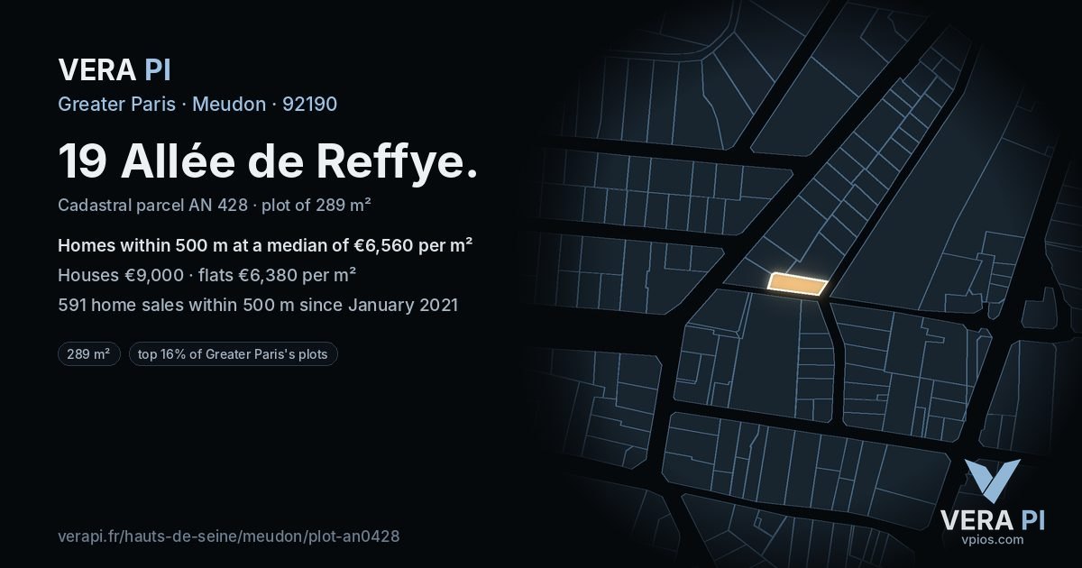 19 Allée de Reffye, Meudon at night – the plot lit, the parcels around coloured by the prices near them