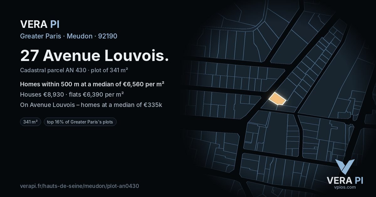 27 Avenue Louvois, Meudon at night – the plot lit, the parcels around coloured by the prices near them