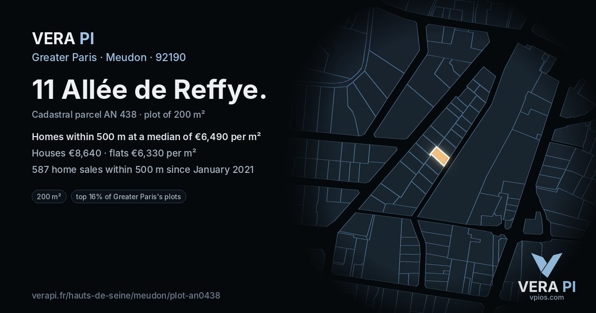11 Allée de Reffye, Meudon at night – the plot lit, the parcels around coloured by the prices near them