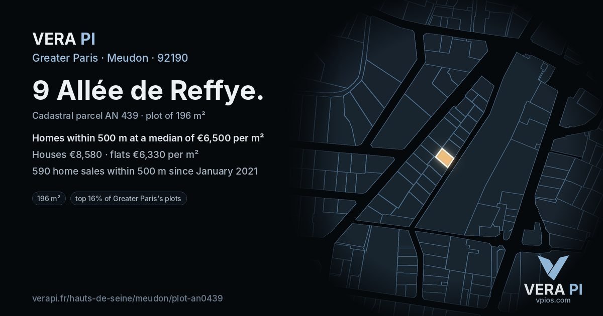 9 Allée de Reffye, Meudon at night – the plot lit, the parcels around coloured by the prices near them
