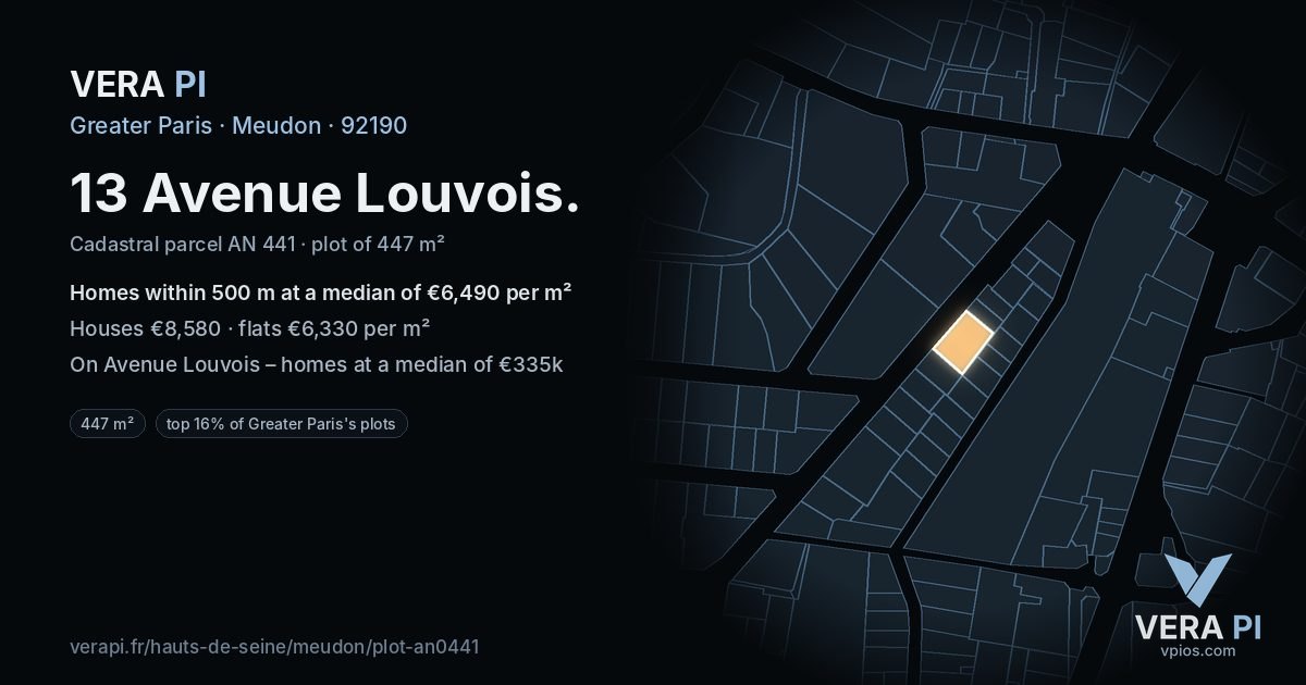 13 Avenue Louvois, Meudon at night – the plot lit, the parcels around coloured by the prices near them
