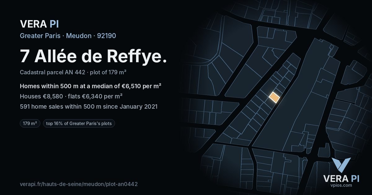 7 Allée de Reffye, Meudon at night – the plot lit, the parcels around coloured by the prices near them