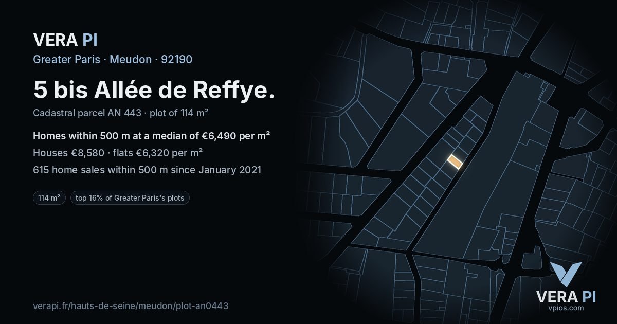 5 bis Allée de Reffye, Meudon at night – the plot lit, the parcels around coloured by the prices near them
