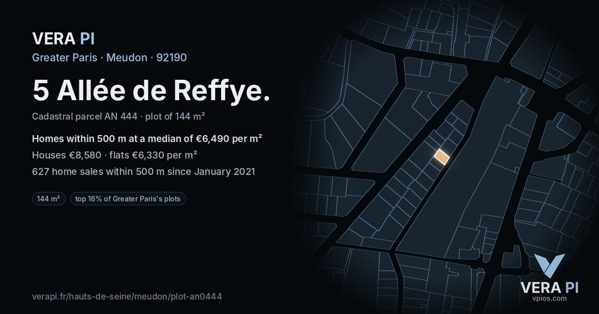 5 Allée de Reffye, Meudon at night – the plot lit, the parcels around coloured by the prices near them