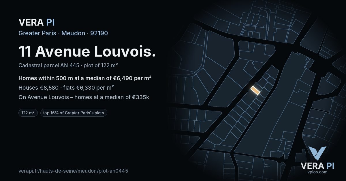 11 Avenue Louvois, Meudon at night – the plot lit, the parcels around coloured by the prices near them