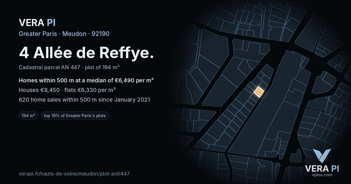 4 Allée de Reffye, Meudon at night – the plot lit, the parcels around coloured by the prices near them
