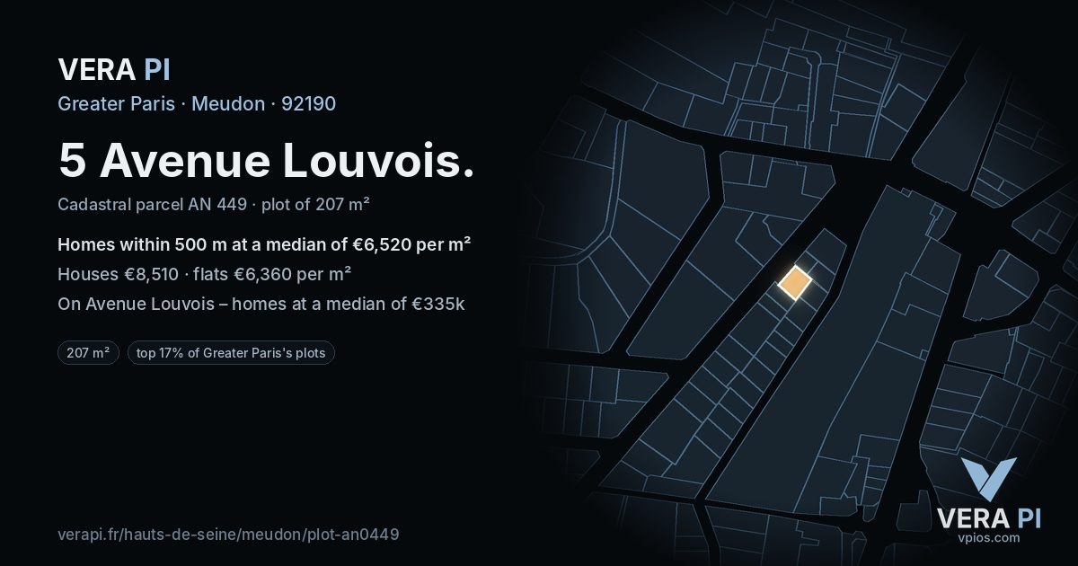 5 Avenue Louvois, Meudon at night – the plot lit, the parcels around coloured by the prices near them