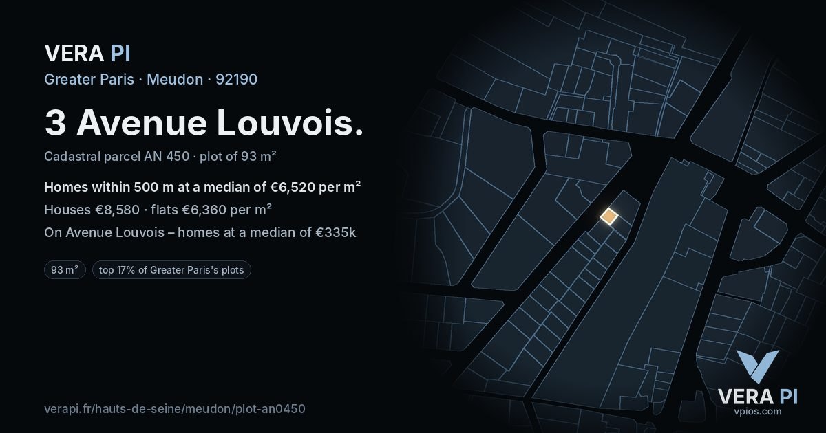 3 Avenue Louvois, Meudon at night – the plot lit, the parcels around coloured by the prices near them