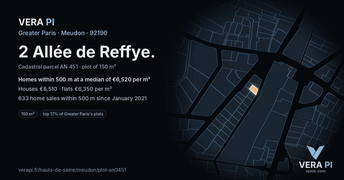 2 Allée de Reffye, Meudon at night – the plot lit, the parcels around coloured by the prices near them