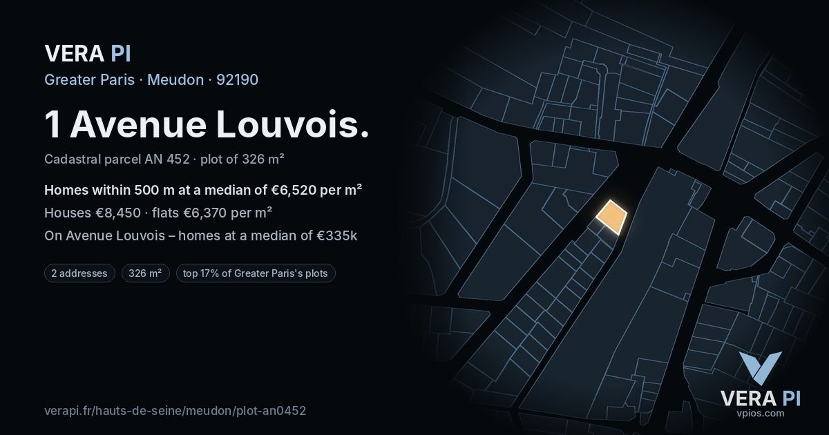 1 Avenue Louvois, Meudon at night – the plot lit, the parcels around coloured by the prices near them