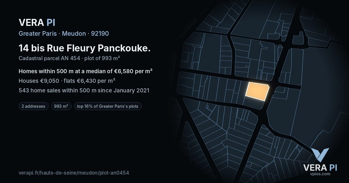 14 bis Rue Fleury Panckouke, Meudon at night – the plot lit, the parcels around coloured by the prices near them