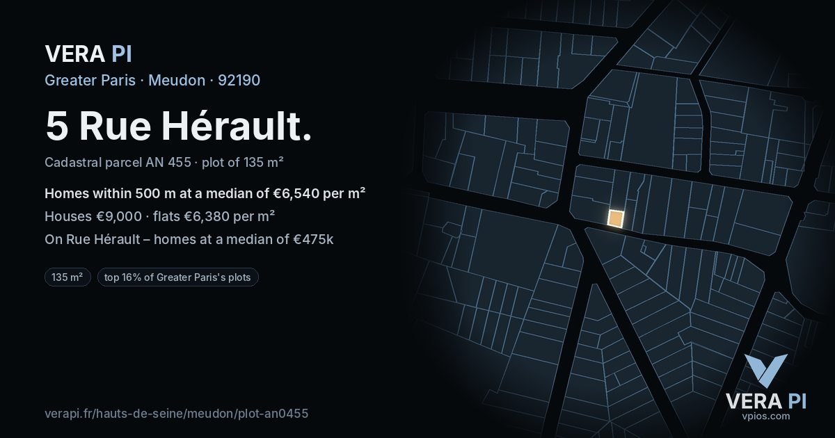 5 Rue Hérault, Meudon at night – the plot lit, the parcels around coloured by the prices near them
