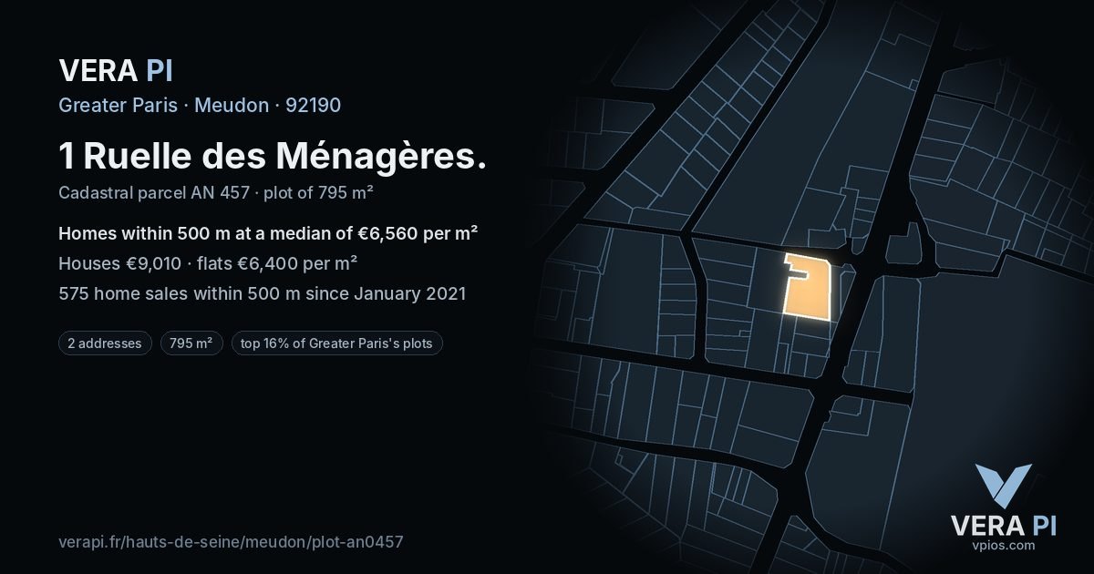 1 Ruelle des Ménagères, Meudon at night – the plot lit, the parcels around coloured by the prices near them