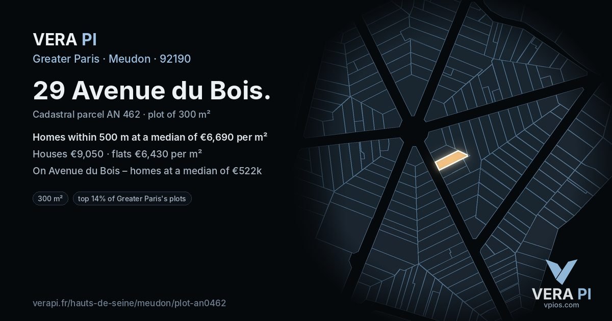 29 Avenue du Bois, Meudon at night – the plot lit, the parcels around coloured by the prices near them