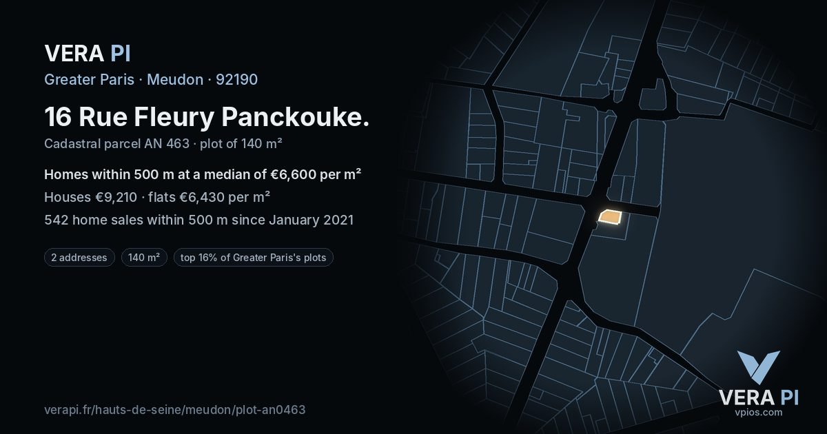 16 Rue Fleury Panckouke, Meudon at night – the plot lit, the parcels around coloured by the prices near them