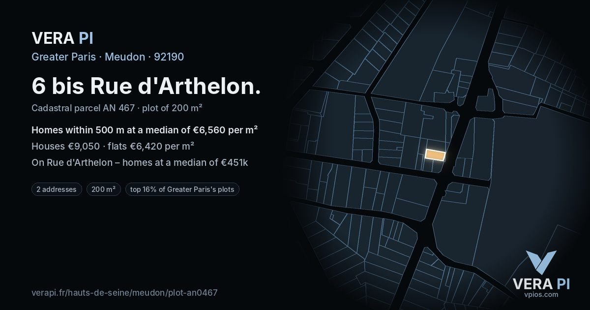 6 bis Rue d'Arthelon, Meudon at night – the plot lit, the parcels around coloured by the prices near them