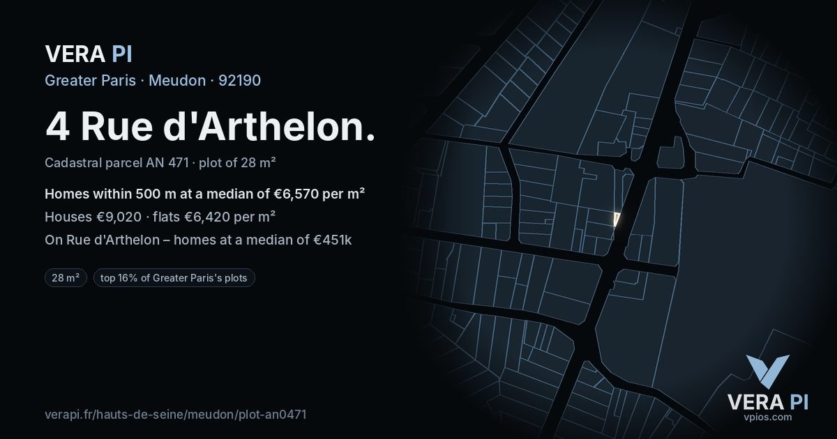 4 Rue d'Arthelon, Meudon at night – the plot lit, the parcels around coloured by the prices near them