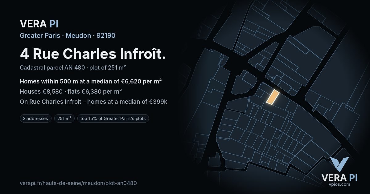 4 Rue Charles Infroît, Meudon at night – the plot lit, the parcels around coloured by the prices near them