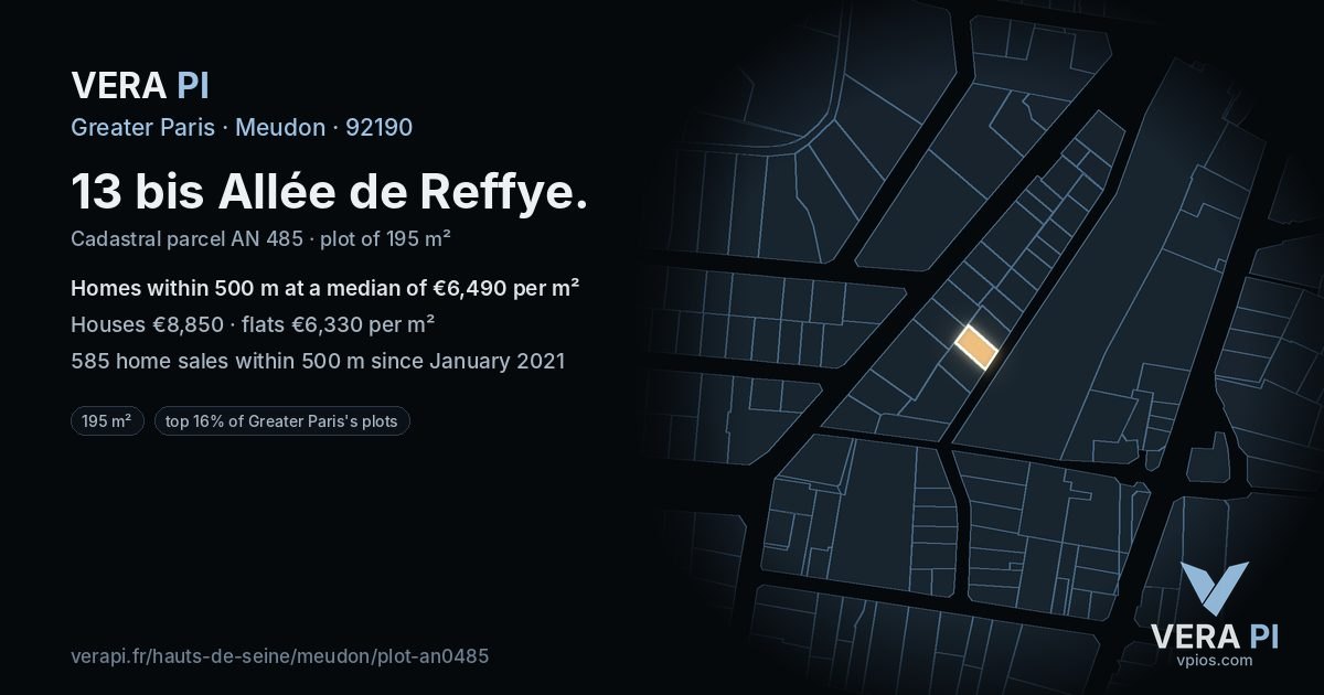 13 bis Allée de Reffye, Meudon at night – the plot lit, the parcels around coloured by the prices near them