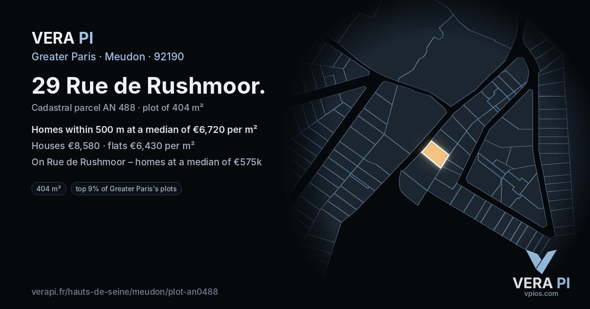 29 Rue de Rushmoor, Meudon at night – the plot lit, the parcels around coloured by the prices near them