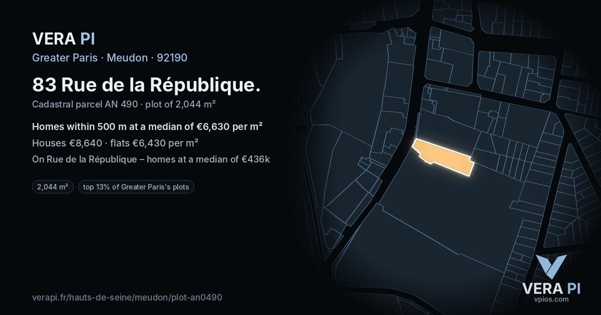 83 Rue de la République, Meudon at night – the plot lit, the parcels around coloured by the prices near them