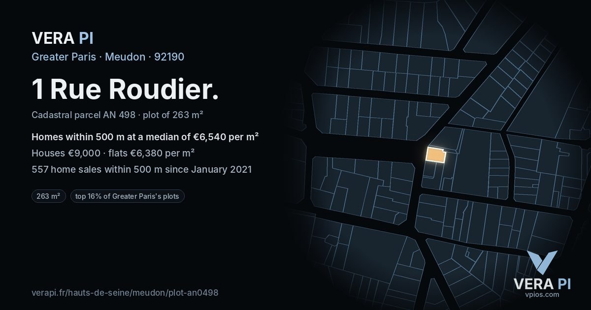 1 Rue Roudier, Meudon at night – the plot lit, the parcels around coloured by the prices near them