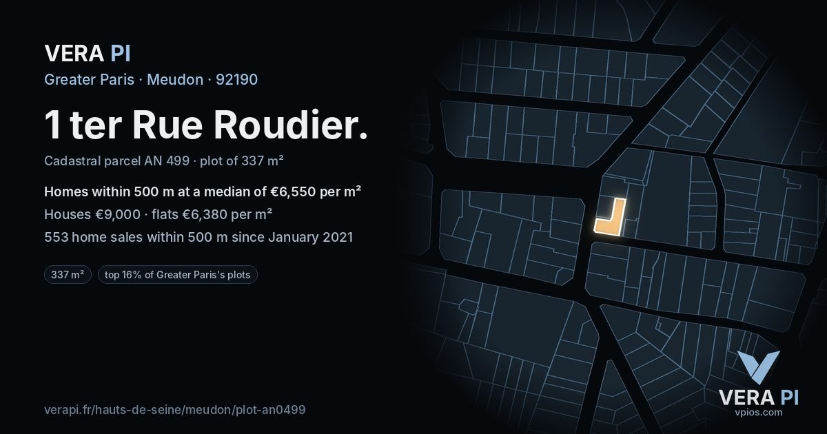 1 ter Rue Roudier, Meudon at night – the plot lit, the parcels around coloured by the prices near them