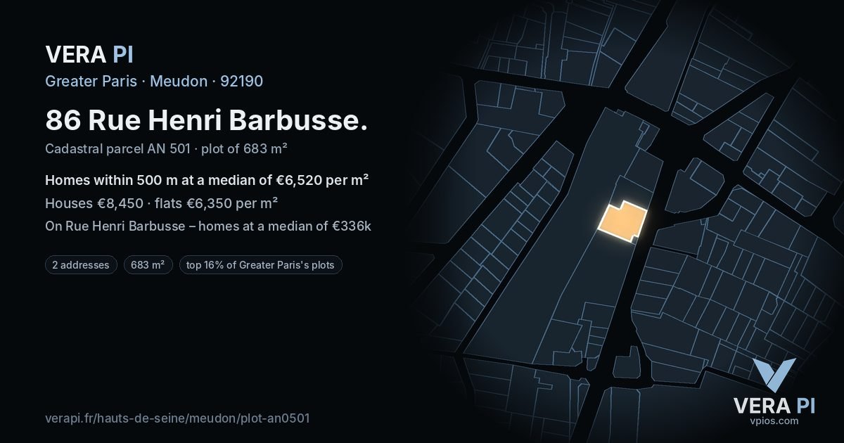 86 Rue Henri Barbusse, Meudon at night – the plot lit, the parcels around coloured by the prices near them
